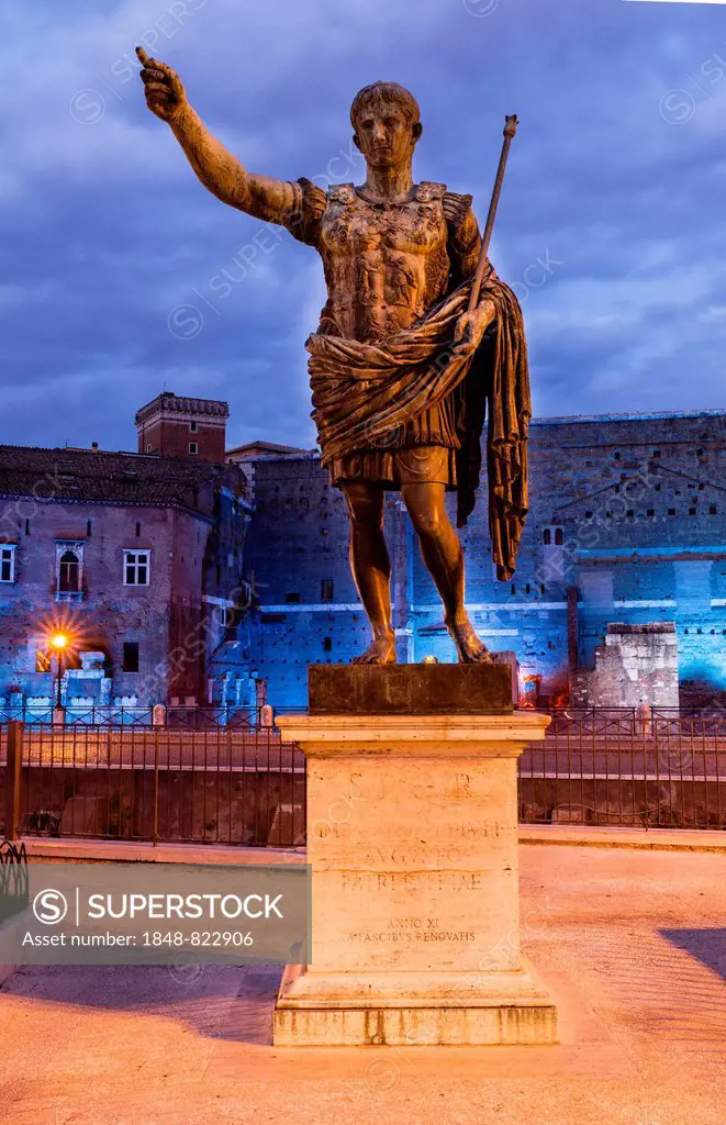 Statue of emperor Caesar Augustus, bronze statue on the Via Dei Fori Imperiali in front of the Augustus Forum, Rome, Lazio, Italy