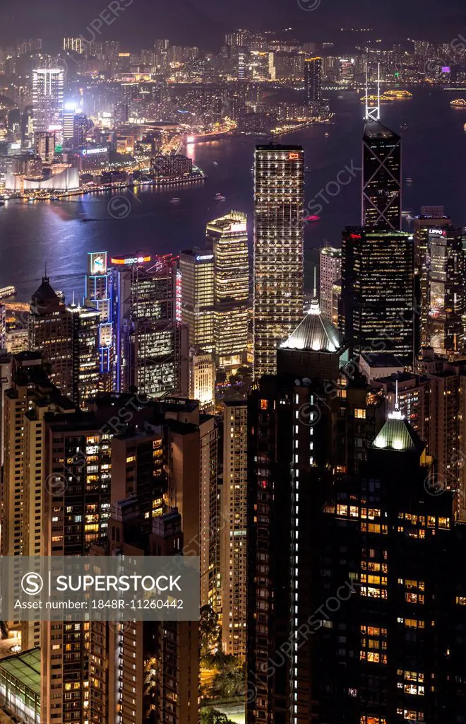 View from Victoria Peak across the high-rise buildings at night, Central District, Hong Kong, China