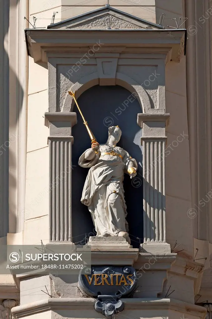 Sculpture of Veritas, goddess of Truth, on the baroque town hall, Lüneburg, Lower Saxony, Germany