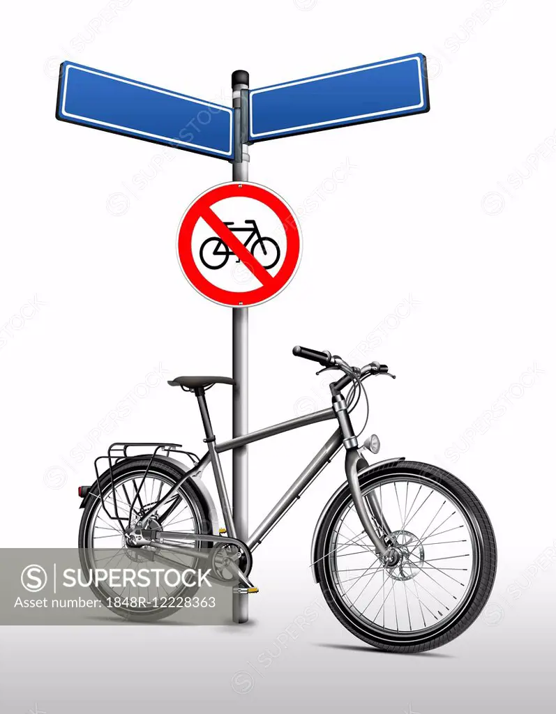 Bicycle, no cycling, prohibition sign, illustration