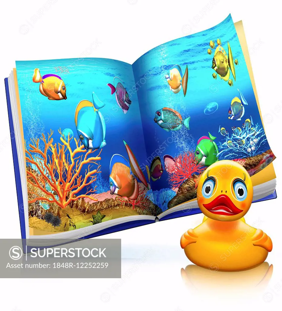 Coral reef, coral fish, children's book with a rubber duck, illustration