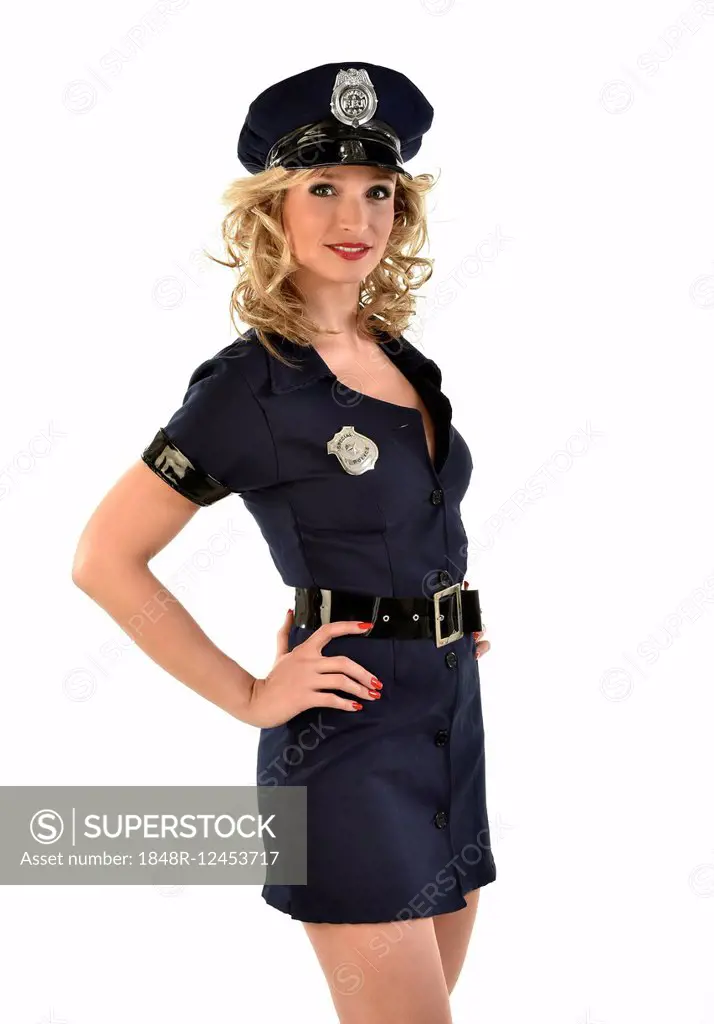 Policewoman in American police uniform, costume