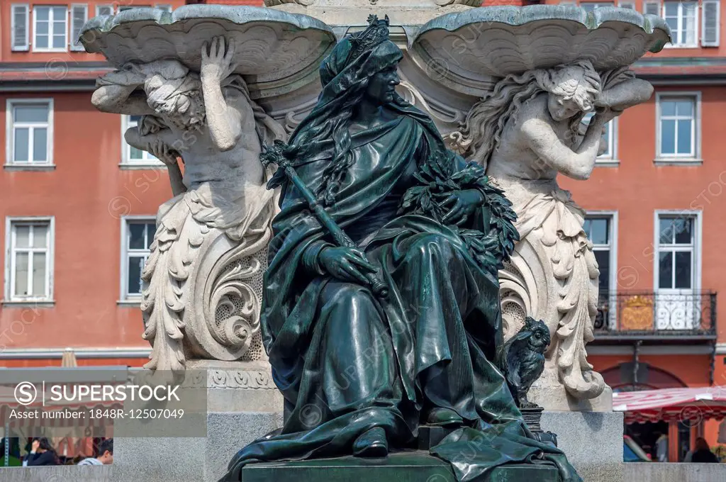 Sculpture of Alma Mater with the symbols of science at the Pauli Fountain from 1889, Erlangen, Middle Franconia, Bavaria, Germany