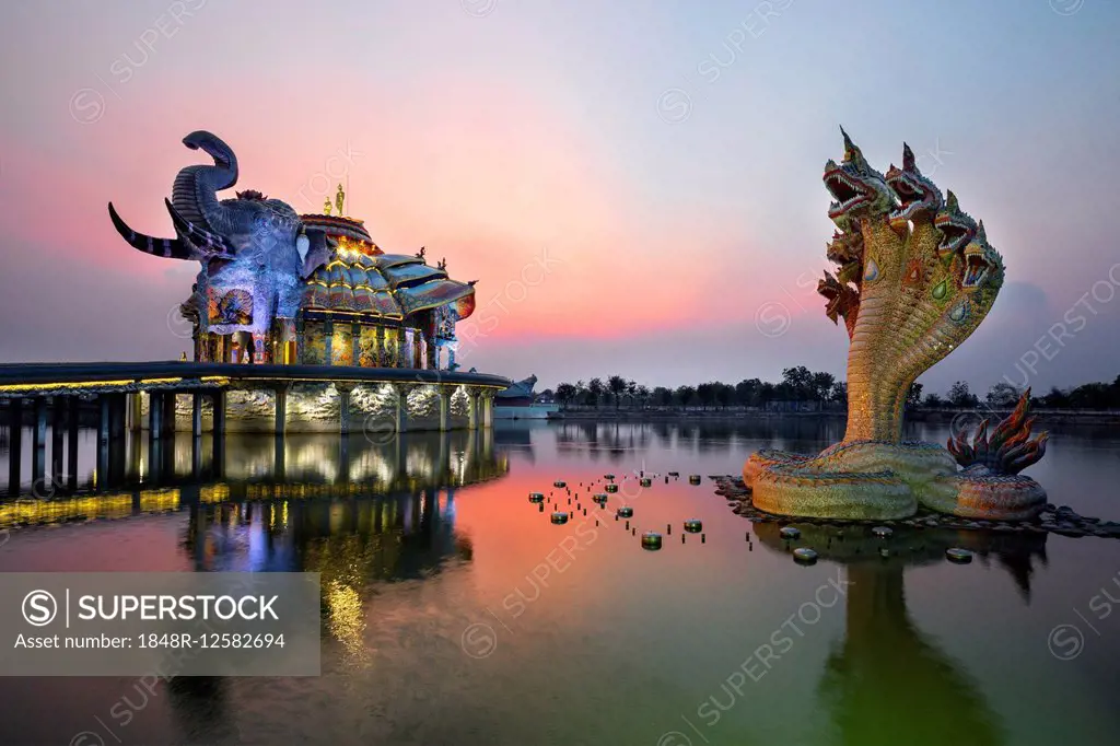 Seven-headed Naga serpent in front of the Elephant Temple Thep Wittayakhom Vihara, Wittayakom, dusk, Wat Baan Rai, Korat, Nakhon Ratchasima Province, ...