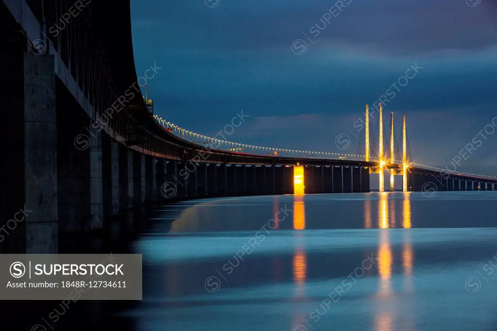 Oresund Bridge, Øresundsbroen, world's longest cable-stayed bridge connecting Copenhagen with Malmö, Denmark, Sweden