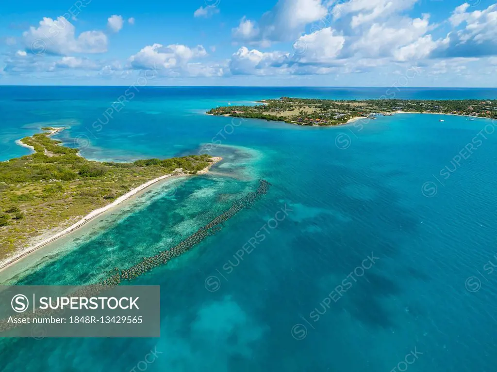 Maiden Island with fish traps, Long Island behind, West Indies, Caribbean, Antigua and Barbuda