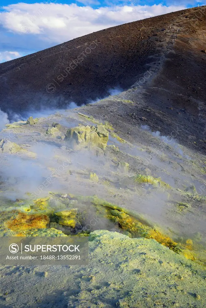 Sulphur and fumarole smoke, The Gran Cratere, volcano, Vulcano Island, Aeolian Islands, Italy