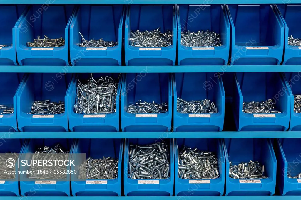 Cylinder screws, screws sorted in a shelf in a workshop, Bavaria, Germany