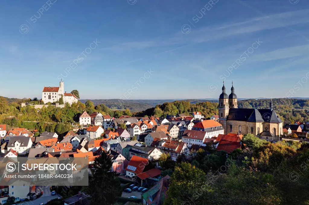 Goessweinstein with castle and Heilige Dreifaltigkeit or Holy Trinity pilgrimage church, Franconian Switzerland, Upper Franconia, Franconia, Bavaria, ...