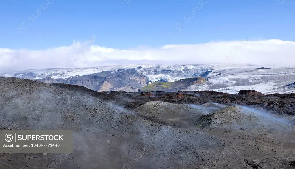 View across new lava fields created by a volcanic eruption in 2010 to ...