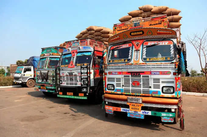 State of Uttar Pradesh, colourful trucks loaded with sacks, North India, India, Asia