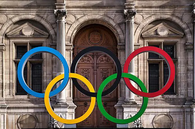 Olympic Rings, Olympic Games, Logo, on the occasion of the 2024 Olympics in Paris, City Hall, Hotel de Ville, Paris, France, Europe