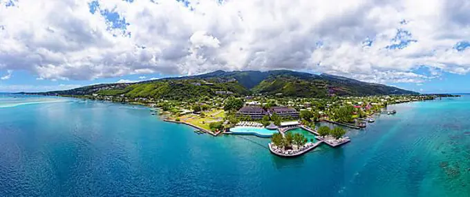 Panorama, Aerial view, Northwest coast, Te Moana Tahiti Resort, Tahiti-Nui, Society Islands, Leeward Islands, French Polynesia, Oceania