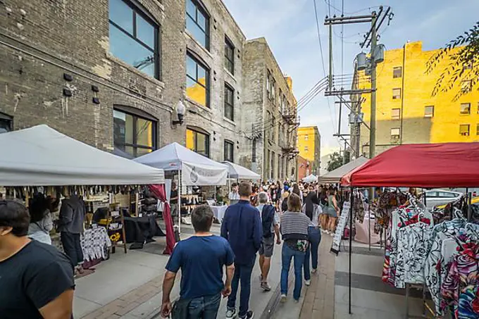 market, street food, gathering, leisure, evening, fun, in the Exchange District, Winnipeg, Province of Manitoba, Canada, North America