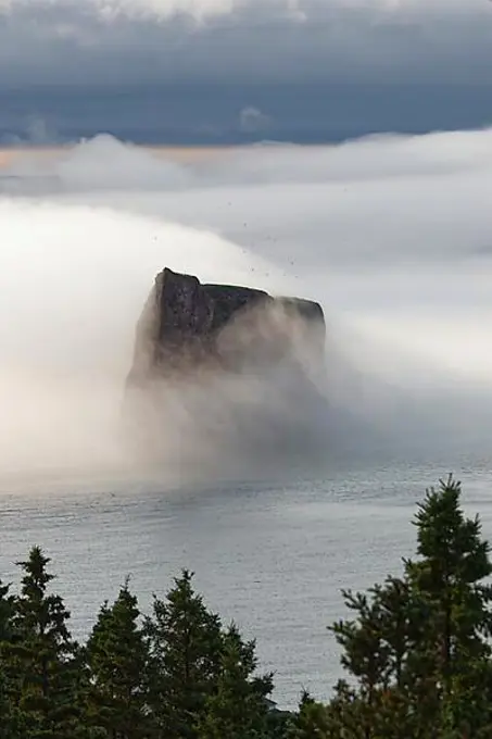 Perce Rocks in the Fog, Perce, Gaspesie Region, Coast, Atlantic Ocean, Province of Quebec, Canada, North America