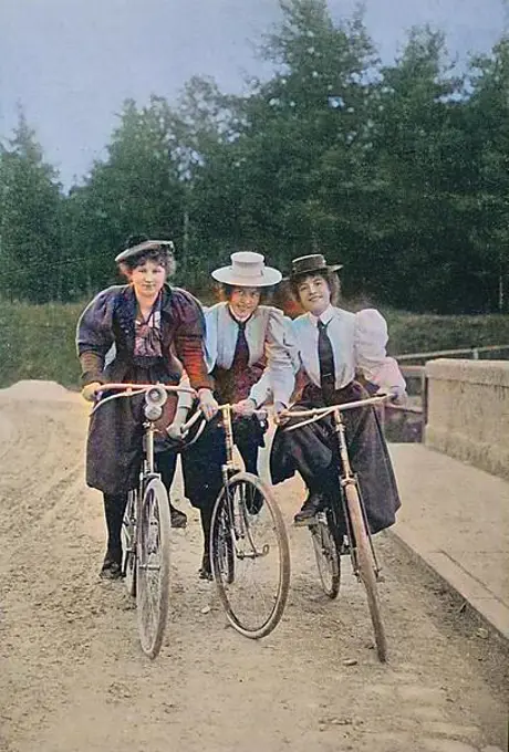 Three Women on Bicycles, circa 1880, Historic, digitally restored reproduction of a 19th century original