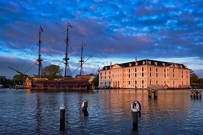 AMSTERDAM, NETHERLANDS, MAY 9, 2017: VOC-schip East Indiaman the Amsterdam and The National Maritime Museum (Het Scheepvaartmuseum)