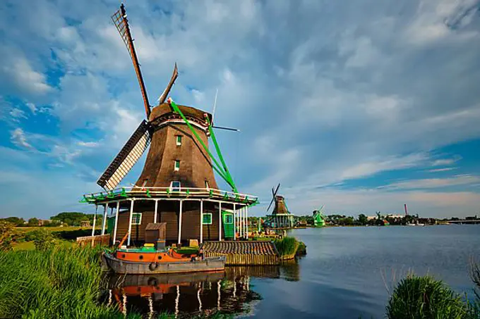 Netherlands rural lanscape, windmills at famous tourist site Zaanse Schans in Holland. Zaandam, Netherlands