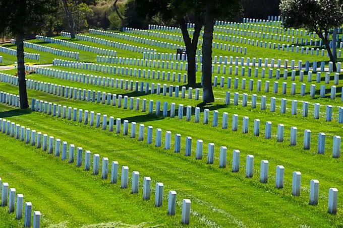 Generic view of a veterans cemetery on top of a hill showing American pride