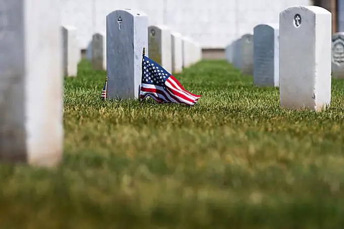 Generic view of a veterans cemetery on top of a hill showing American pride