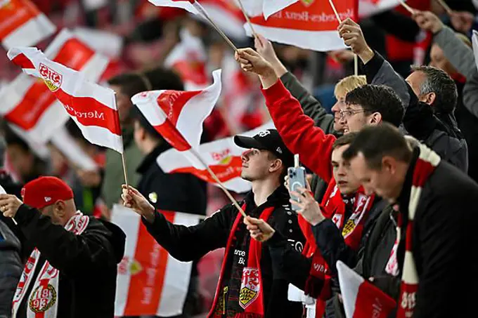 Sold-out, packed stadium, fans with flags in the fan block, Mercedes-Benz Arena, Stuttgart, Baden-Wuerttemberg, Germany, Europe