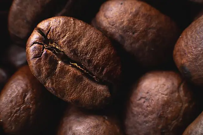 Close-up Coffee roasted beans. Extreme macro coffee background