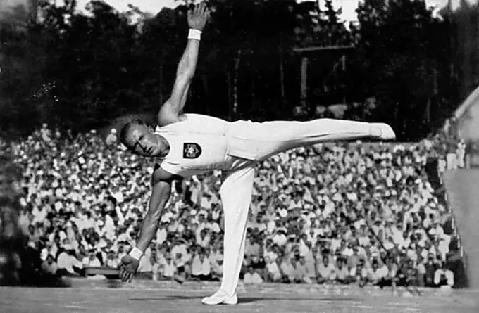 Gymnastics, Olympic Champion Alfred Schwarzmann (Germany) during a standing balance in the free exercises