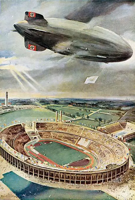 The airship Hindenburg over the Reichssportfeld, Olympic Stadium, opening of the Games