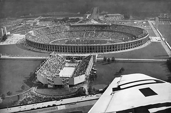 The Olympic Combat Track and the Swimming Stadium on the Reichssportfeld, Olympic Stadium, aerial view