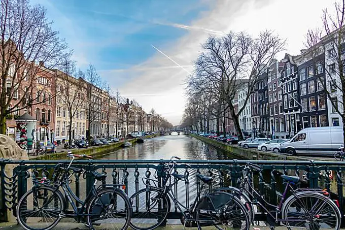 Canals of Amsterdam, bicycles on bridge, Amsterdam, Netherlands