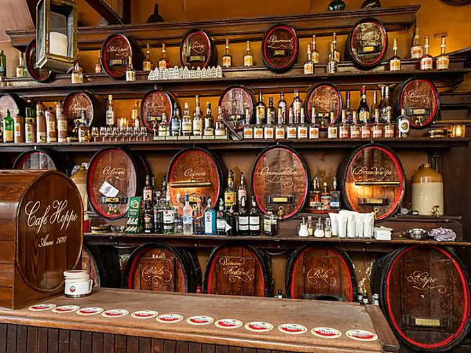 Counter with alcoholic beverages, interior of the traditional Cafe Hoppe, Spui, Amsterdam, Netherlands