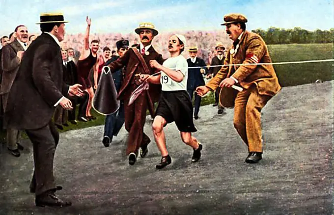 Athletics, Dorando Pietri at the finish, Marathon, Olymic Games 1908 in London, Great Britain