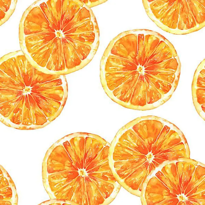 A seamless background pattern with vibrant hand drawn watercolour orages, healthy food repeat print