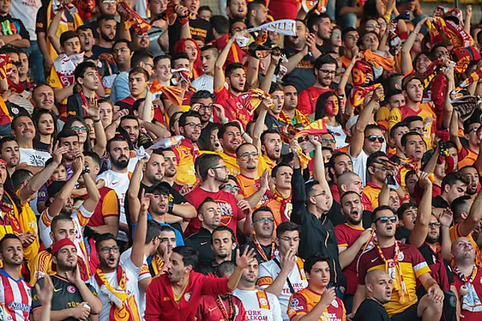 Fans of Galatasaray Istanbul cheer on their team during a friendly game against SK Rapid Vienna, Ernst-Happel-Stadium, Vienna, Austria, Europe