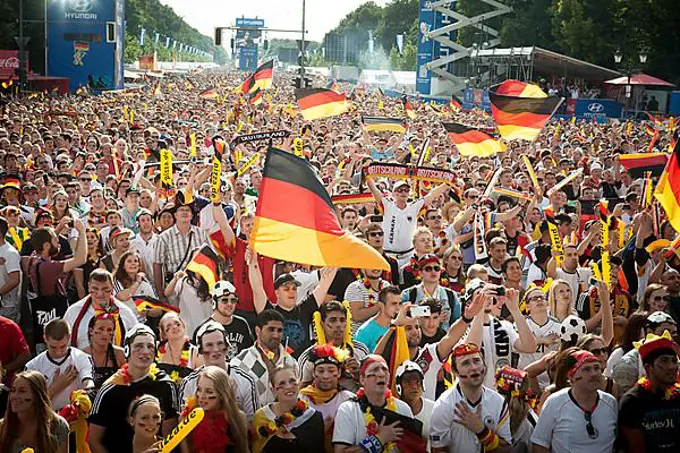 Fans watch the first game of the German national team against Portugal, 2014 World Cup, public viewing at the Fan Park Berlin between the Brandenburg Gate and Victory Column, Berlin, Germany, Europe