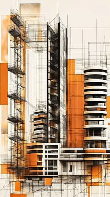 A vertical abstract piece with architectural blueprint features in brown and orange tones, vertical aspect ratio, off white background color AI generated