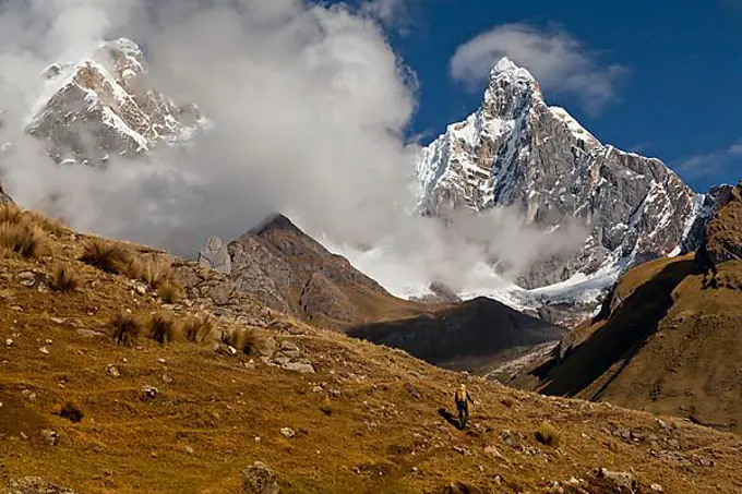 Mountaineer with Mt Nevado Jirishanca, Cordillera Huayhuash, Peru, South America