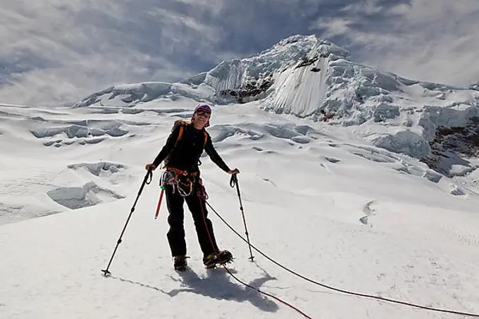 Mountaineer on Mt Nevado Tocllaraju, Cordillera Blanca, Peru, South America