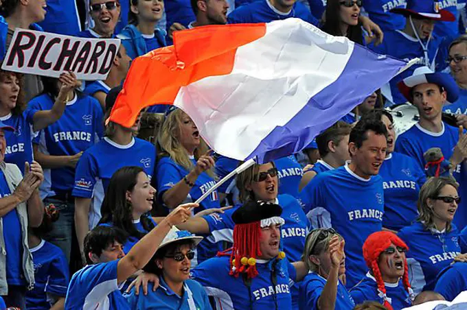 French fans, spectators waving flag, Davis Cup 2011 quarter-final, Stuttgart, Baden-Wuerttemberg, Germany, Europe