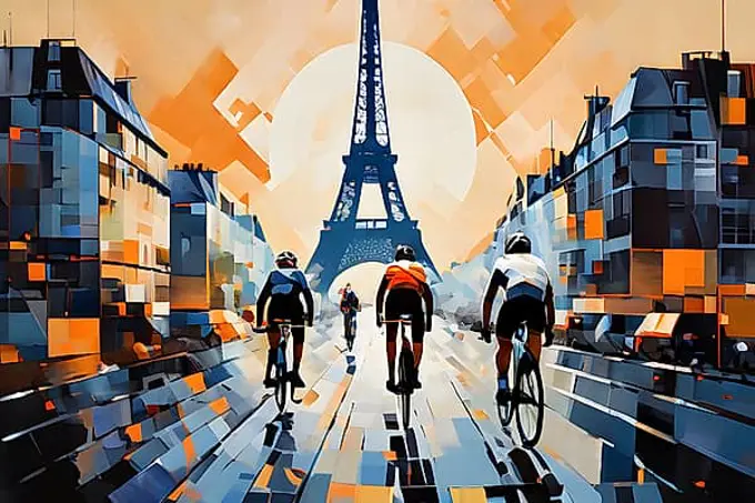 Abstract cyclists in paris olympic games blurring across a canvas infused with geometric patterns, AI generated