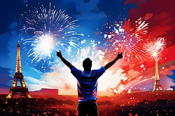 Jubilant athlete silhouette enveloped in the sparkle of fireworks over olympic 2024 paris, AI generated