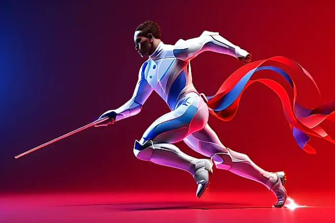 Abstract digital render a fencer morphing into fluid shapes, AI generated, Paris, Paris, Olympic Games