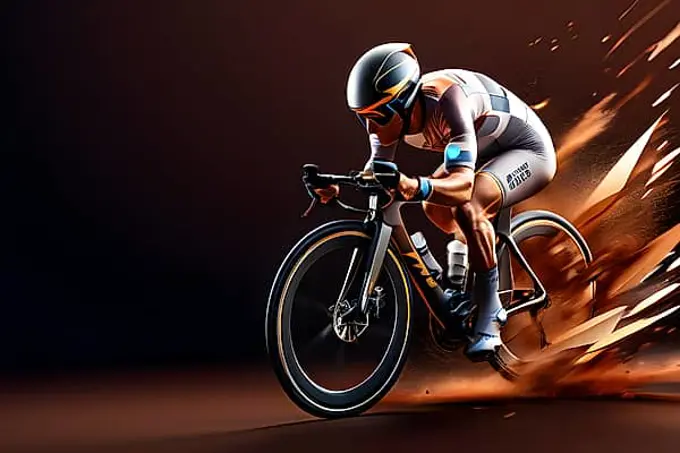 Abstract digital render of an olympic triathlete on the bike morphing into fluid shapes, AI generated, Paris, Paris, Olympic Games