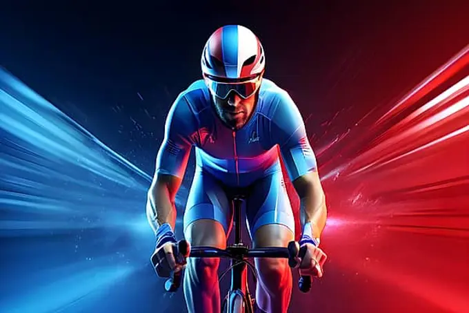 Abstract digital render of an olympic triathlete on the bike morphing into fluid shapes, AI generated, Paris, Paris, Olympic Games