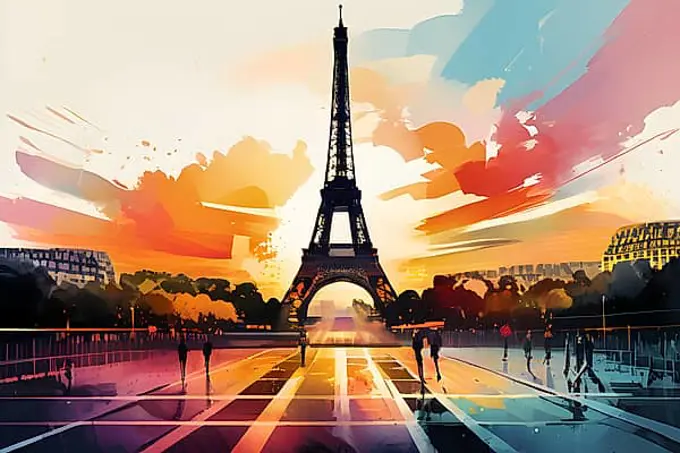 Olympic games depicted through vibrant dynamic lines and color splashes with the Eifeltower, AI generated, Paris, Paris, Olympic Games