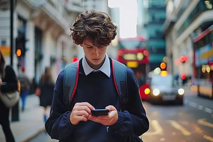 Pupil looking at his smartphone on a busy street in London City, symbolic image for accident risk on the way to school due to media distraction, AI generated, AI generated, AI generated