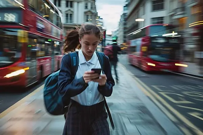 A schoolgirl in a hurry looks at her smartphone on a busy street, symbolic image for the risk of accidents on the way to school due to media distraction, double-decker bus in London City with motion blur, hectic environment, AI generated, AI generated, AI generated