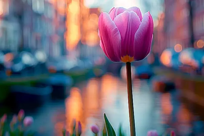 Single pink tulip against a soft-focused Amsterdam canal at sunset, AI generated