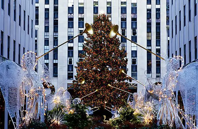 Christmas tree and trumpet angels, decoration at Rockefeller Center, New York City, USA, North America