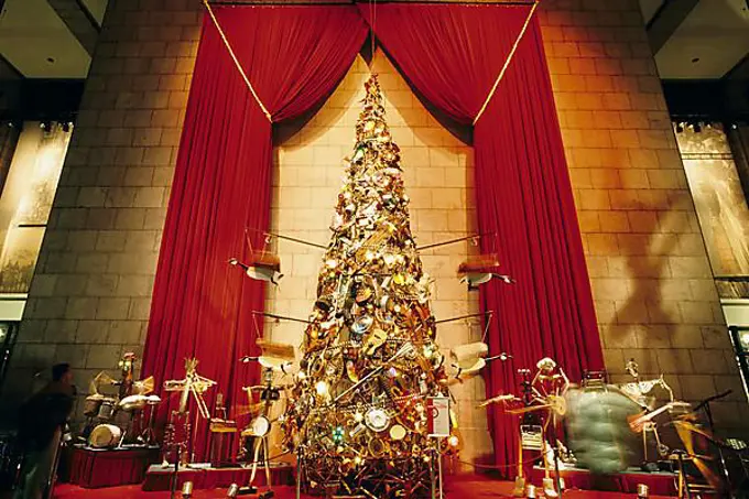 Surrealistic Christmas tree consisting of everyday objects, art installation, Sony Plaza, New York City, USA, North America